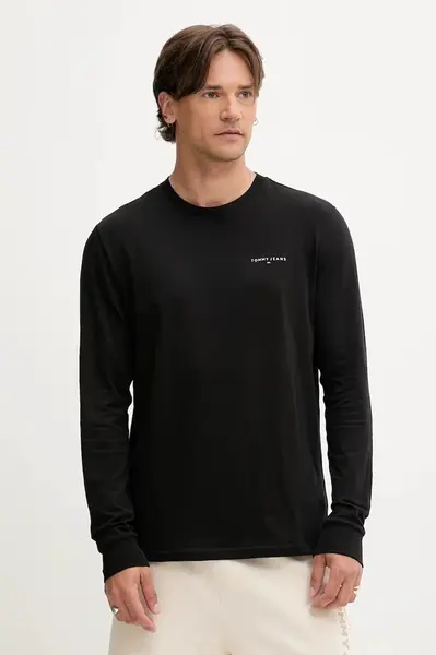 Bavlněné tričko s dlouhým rukávem Tommy Jeans černá barva, s potiskem, DM0DM21594