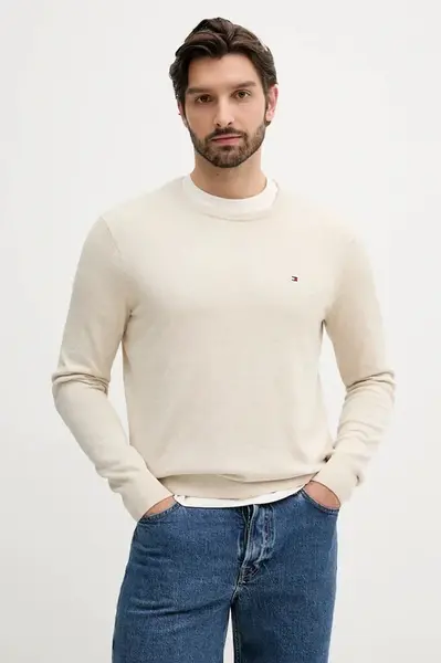 Bavlněný svetr Tommy Hilfiger pánský, béžová barva, MW0MW39999