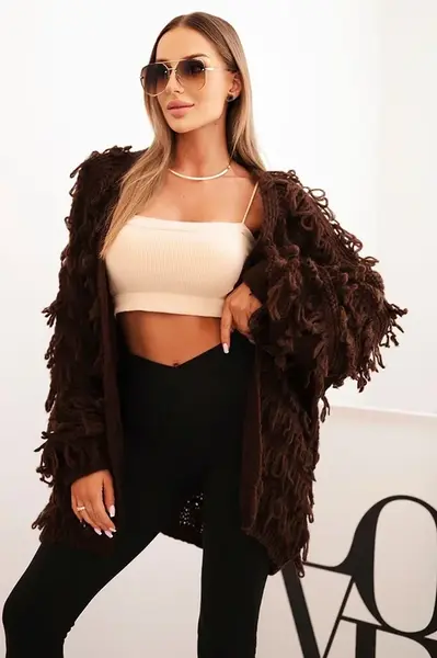 Kesi Włoski Dámský kardigan s třásněmi a volným střihem hnědý