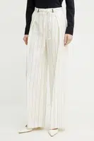 Lněné kalhoty BOSS dámské, béžová barva, široké, high waist, 50538216