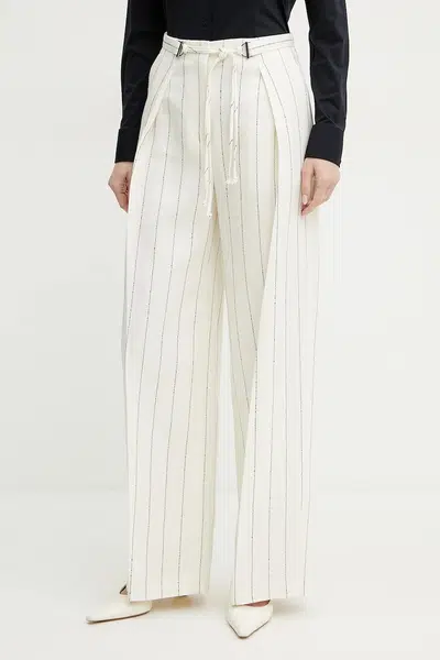 Lněné kalhoty BOSS dámské, béžová barva, široké, high waist, 50538216