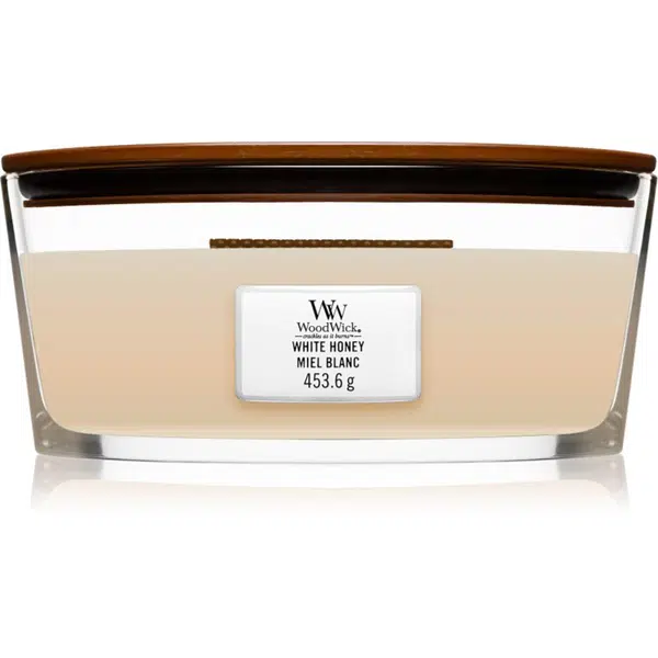 Woodwick White Honey vonná svíčka s dřevěným knotem (hearthwick) 453 g