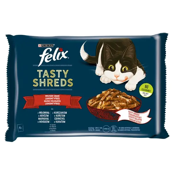 Felix Tasty Shreds lahodný výběr v šťave - s hovädzím a kuraťom 4 x 80 g