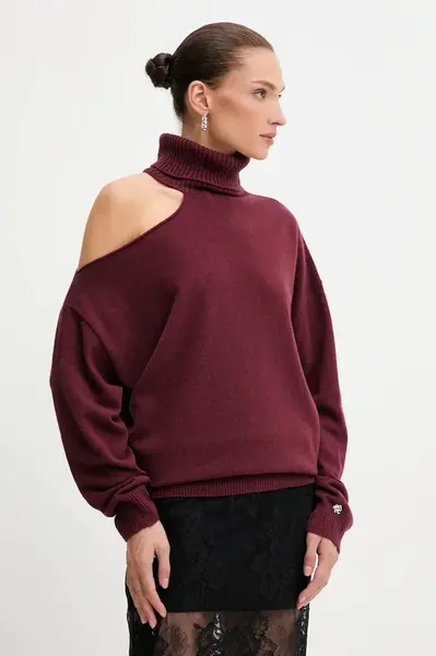 Vlněný svetr Aniye By dámský, vínová barva, s golfem, 181037