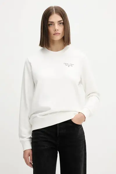 Bavlněná mikina Tommy Jeans dámská, bílá barva, s potiskem, DW0DW21960