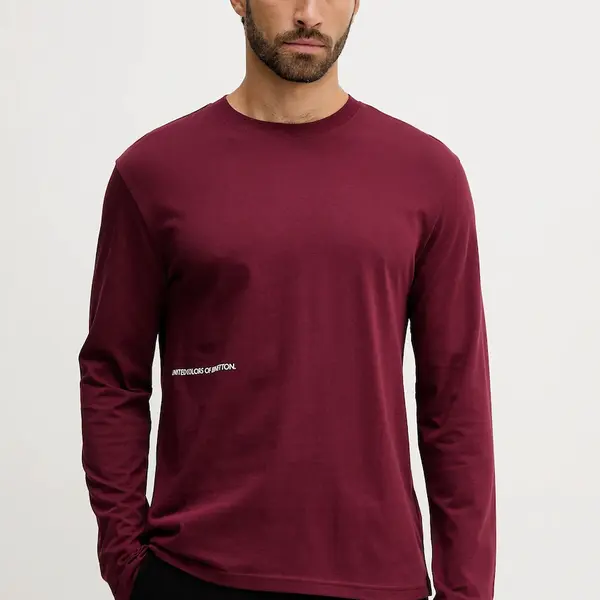 Bavlněné pyžamové tričko s dlouhým rukávem United Colors of Benetton pánské, vínová barva, s potiskem, 30964M021