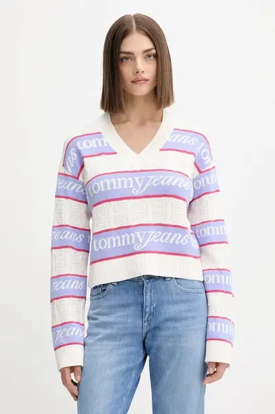 Bavlněný svetr Tommy Jeans dámský, béžová barva, DW0DW21682