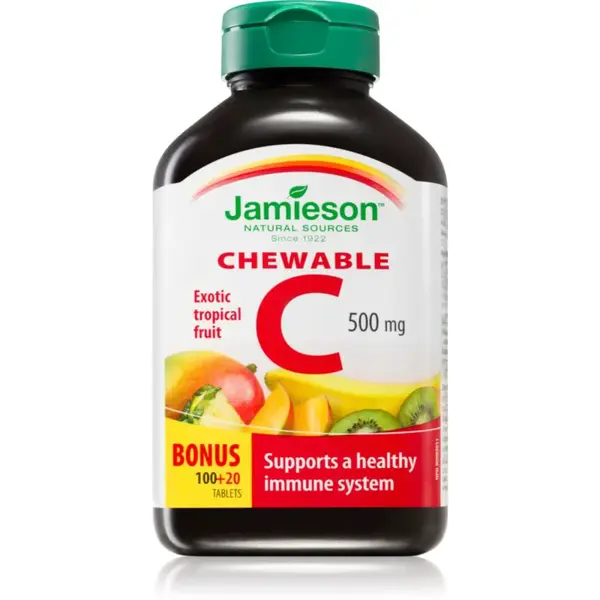 Jamieson Chewable C 500 mg tablety na cmúľanie na posilnenie imunity príchuť Exotic Tropical Fruit 120 tbl