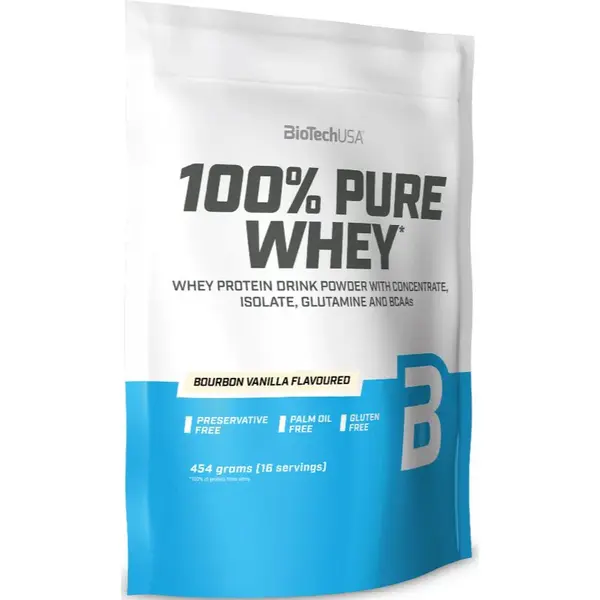 BioTechUSA 100% Pure Whey srvátkový proteín malé balenie príchuť Bourbon Vanilla 454 g