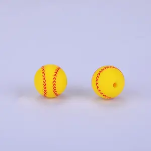 Printed Round with Baseball Pattern Silicone Focal Beads