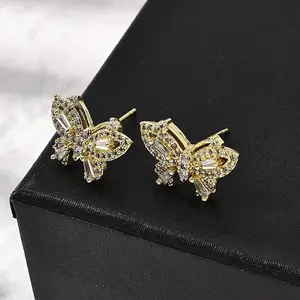 Brass Clear Cubic Zirconia Butterfly Stud Earrings