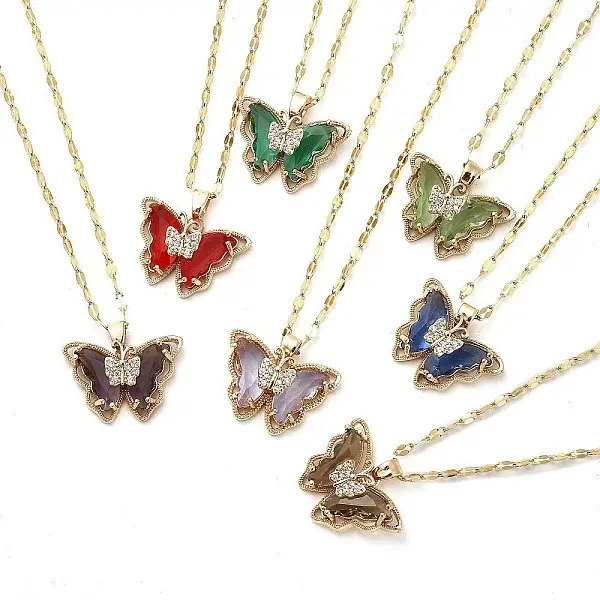 Butterfly Light Gold Brass Micro Pave Cubic Zirconia Pendant Necklaces