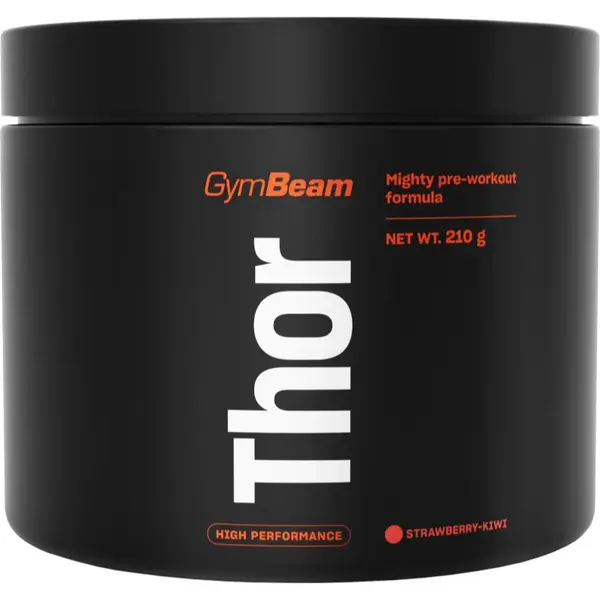 GymBeam Thor Pre-Workout podpora sportovního výkonu s kofeinem příchuť Strawberry & Kiwi 210 g