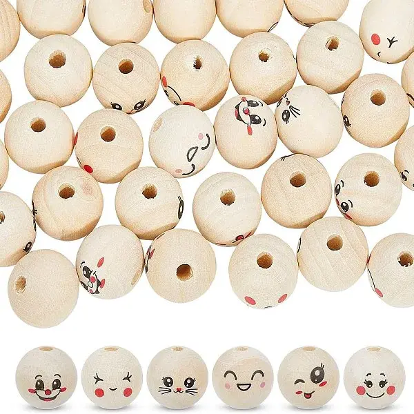 60Pcs 6 Styles Unfinished Natural Wood Printed Beads
