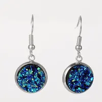 Silver Color Plated Flat Round Brass Druzy Resin Dangle Earrings
