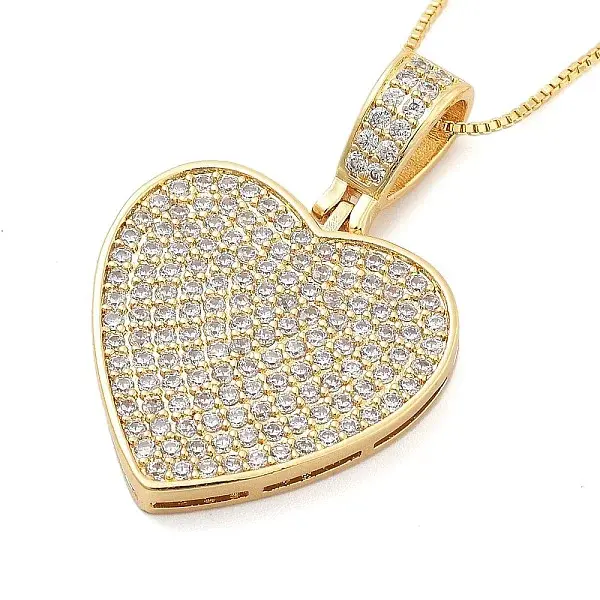 Brass Micro Pave Clear Cubic Zirconia Box Chain Heart Pendant Necklaces for Women