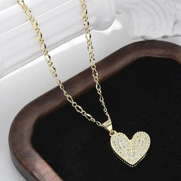 Brass Micro Pave Clear Cubic Zirconia Heart Pendant Necklaces for Women