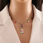 304 Stainless Steel Enamel Rectangle Pendant Double Layer Necklaces