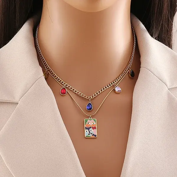 304 Stainless Steel Enamel Rectangle Pendant Double Layer Necklaces