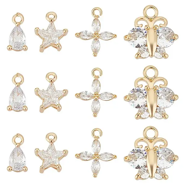 12Pcs 3 Style Brass Cubic Zirconia Charms