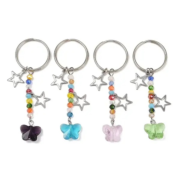 4Pcs Butterfly Glass Pendant Keychain