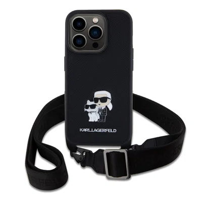Zadní kryt Karl Lagerfeld Saffiano Crossbody popruh Metal Karl and Choupette pro Apple iPhone 15 Pro, černá