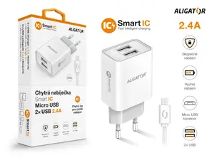 Chytrá síťová nabíječka ALIGATOR 2.4A, 2xUSB, smart IC, Micro USB kabel 2A, bílá