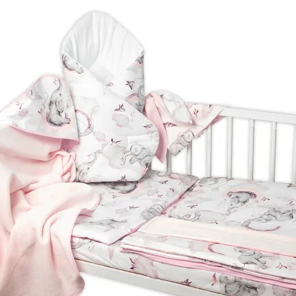 Baby Nellys 6-ti dílná výhod. sada s dárkem pro miminko , 120x90 Slon a duha, růžová/bílá