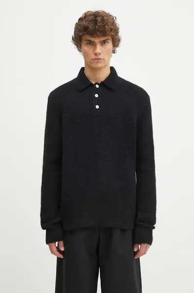Vlněný svetr Norse Projects Rasmus Relaxed Brushed Polo pánský, černá barva, N45.0614.9999