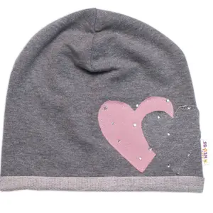 Baby Nellys Dětská čepice bavlna, Srdíčka s kamínky,  šedá vel.  104/134