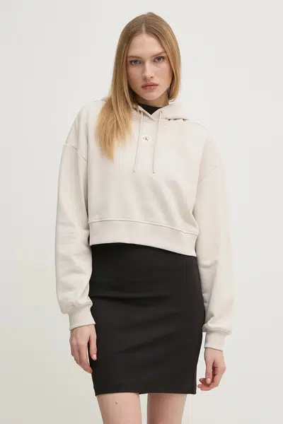 Bavlněná mikina Calvin Klein Jeans dámská, béžová barva, s kapucí, hladká, J20J224746