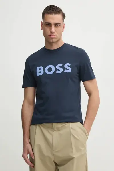 Bavlněné tričko BOSS BOSS CASUAL pánské, tmavomodrá barva, s potiskem, 50481923