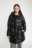 DEFACTO Water Repellent Long Puffer Jacket Parka Hooded Heat Insulated Pocket Fleece Belted Pocket Faux Leather
