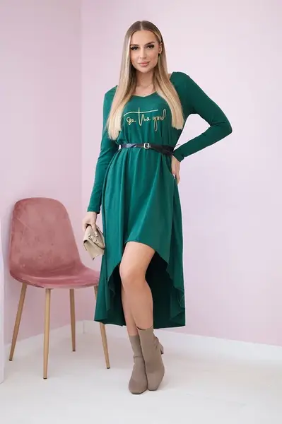 Dress with decorative belt and inscription dark green