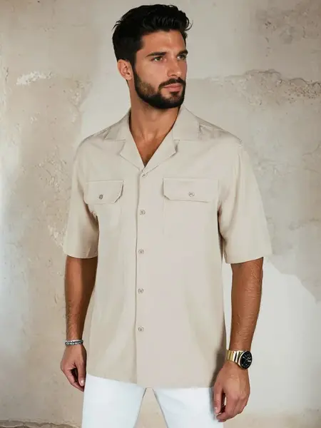 Pánska béžová košeľa s krátkym rukávom