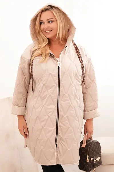 Kesi Włoski Dámska bunda Plus Size prešívaná s kapucňou a nápisom HOPE tmavo béžová