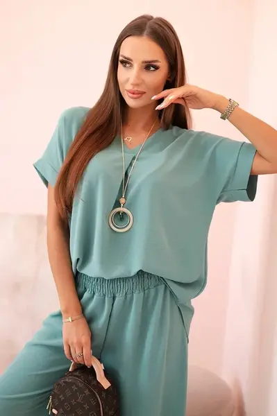 Kesi Włoski Súprava s náhrdelníkom blúzkové + nohavice tmavá mäta