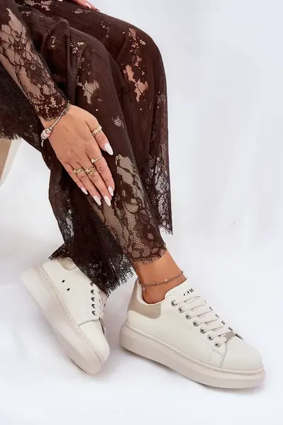 Kožené Dámske Tenisky Na Platforme Béžové GOE