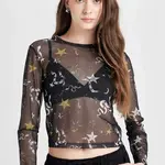 DEFACTO Cool Fitted Body Patterned Tulle Short Sleeve Black T-Shirt