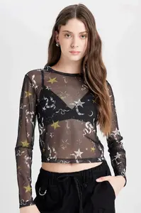 DEFACTO Cool Fitted Body Patterned Tulle Short Sleeve Black T-Shirt