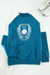 Trendyol Navy Blue Regular Fit Raglan Sleeve Color Block Printed Cotton Sweatshirt