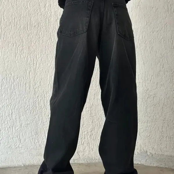 71755 Dewberry Buckle Detail Loose Cut Wide Leg Women Jeans-BLACK