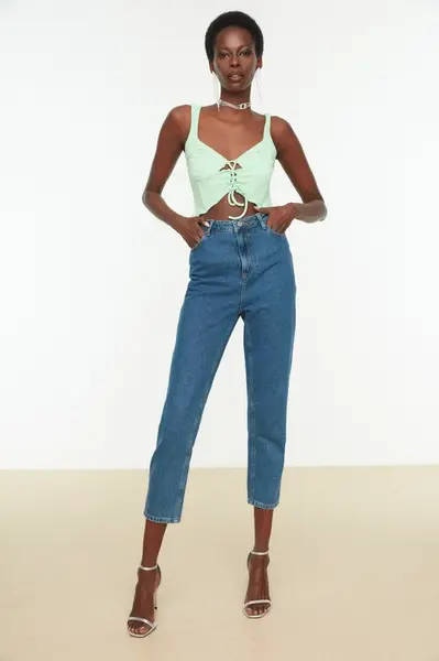 Trendyol Zelený Pletený Bustier s Viazaním