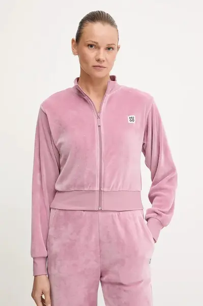 Mikina HUGO VELVET zip jacket dámská, růžová barva, s aplikací, 50549796