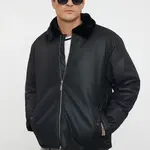 Trendyol Black Regular Fit Fur Collar Winter Faux Leather Coat