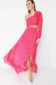 Trendyol Fuchsia A-Line Lined Window/Cut Out Detailed Chiffon Gradient Chic Evening Dress