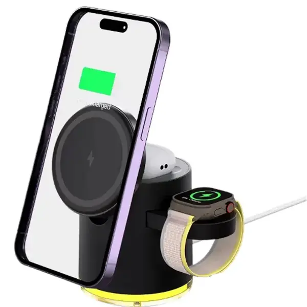 4v1 Chytrá bezdrátová nabíječka s LED osvětlením, Qi, černá