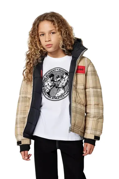 Dětská oboustranná péřová bunda HUGO béžová barva, G00486