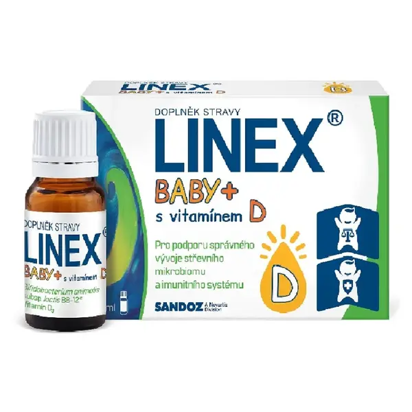 LINEX Baby+ s vitamínem D 8 ml, probiotika pro děti od narození