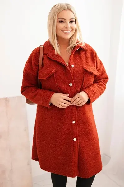 Kesi Włoski Dámský kabát Plus Size s vlnou na knoflíky s kapsami a límcem rudy